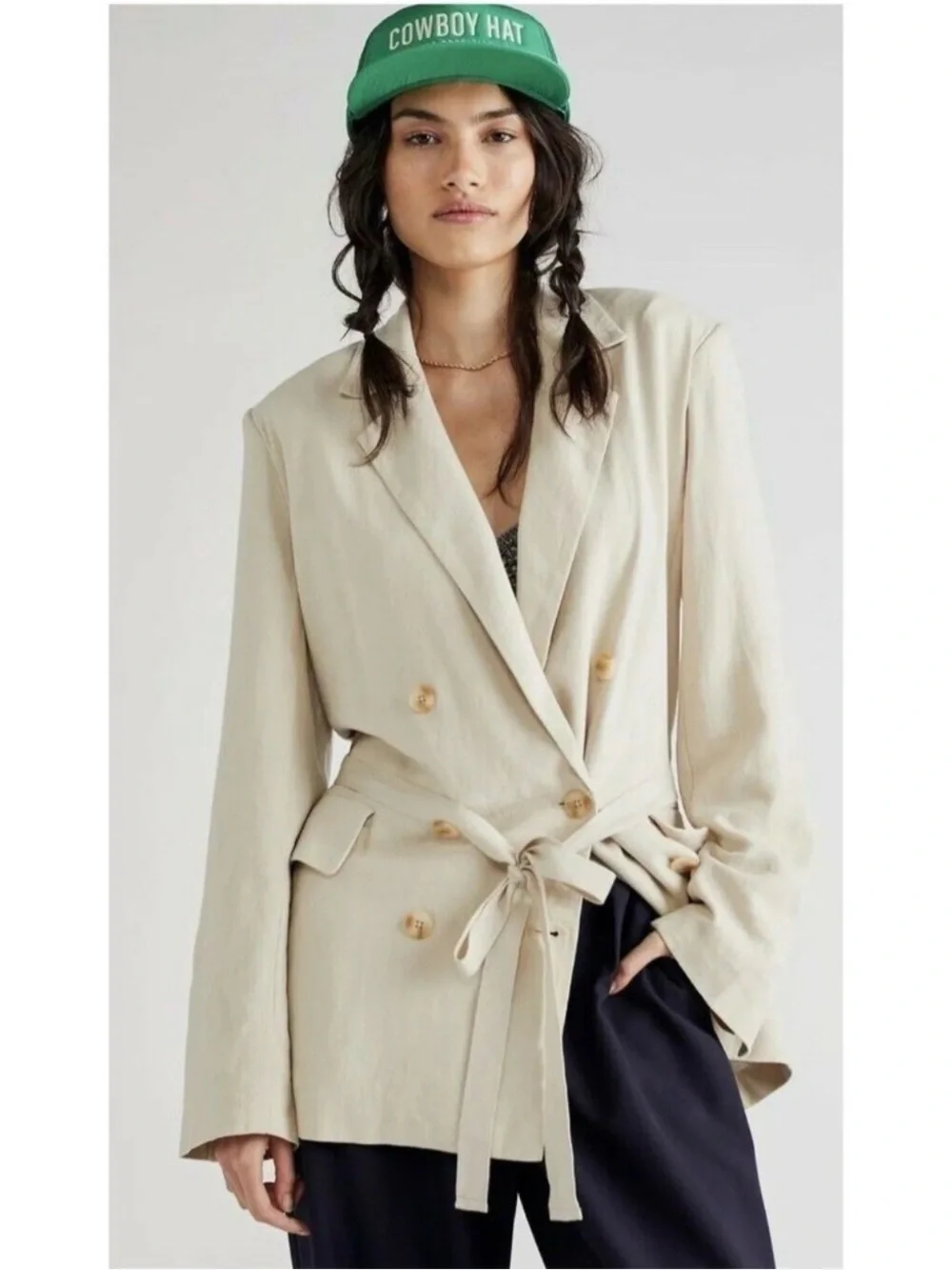 Free People Olivia Tie Front Blazer Neutral XS Linen Oversized Double Breasted